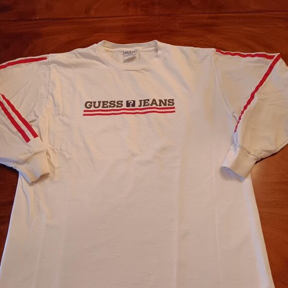 GUESS Jeans Logo White Long Sleeve Tee Men's M Red Striped Sleeves VTG - Picture 1 of 4